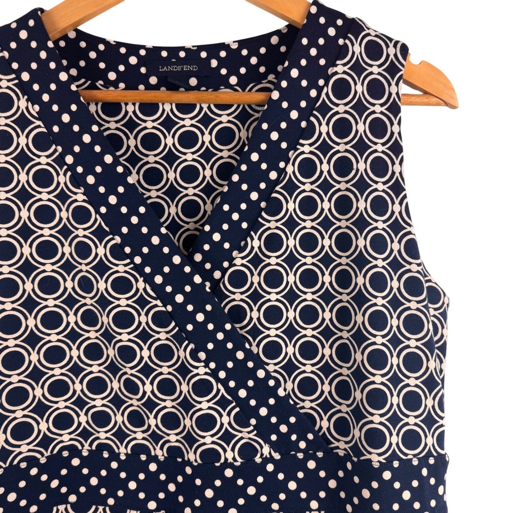 Lands' End Maxi Dress Womens L 14-16 Navy Blue Geometric Polka Dot Pima Cotton